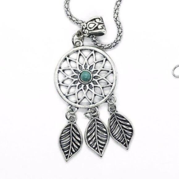 Silver Turquoise Dreamcatcher Feather Boho Necklace - Picture 3 of 5